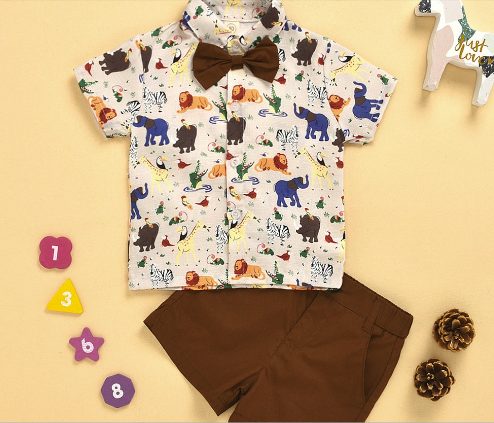 Fashion Toddler Infant Baby Kids Boys Short Sleeve Cartoon Printed Bow Tie Shirt Tops Solid Shorts Gentlement Outfits Set # p4