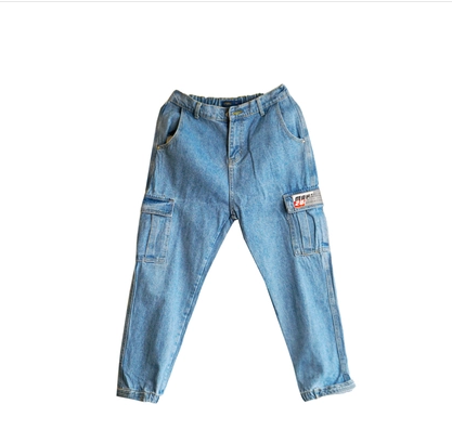 Autumn national tide Japanese large pocket Harlan jeans male loose overalls tide brand small feet casual pants beam pants