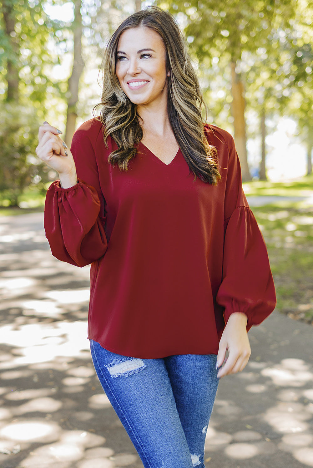 Ruched Notched Balloon Sleeve Blouse 