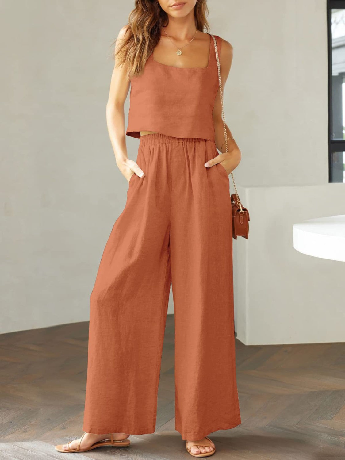 Square Neck Top and Wide Leg Pants Set - Babbazon jumpsuit