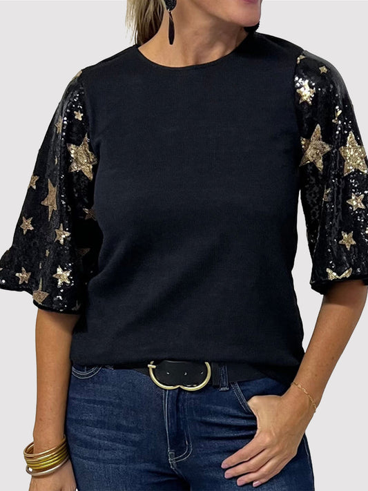 Sequin Round Neck Half Sleeve Blouse 