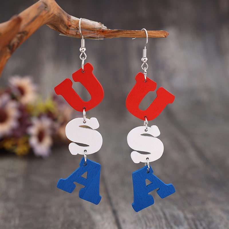 USA Wooden Letter Dangle Earrings 