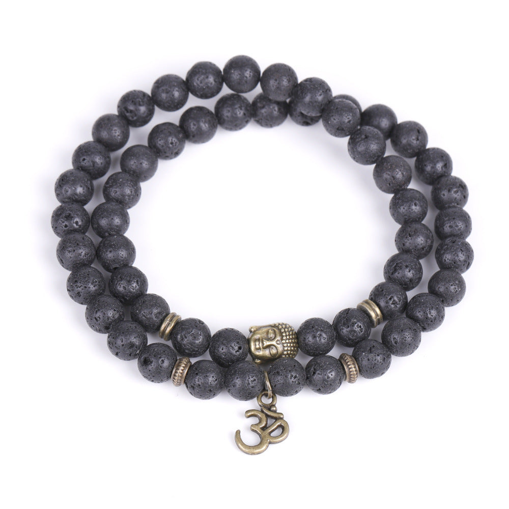 Bronze Buddha Head and Volcanic Stone Double Row Bracelet