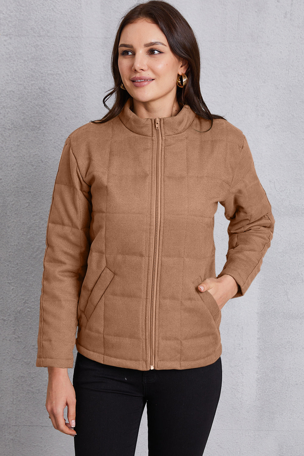 Zip Up Mock Neck Pocketed Jacket