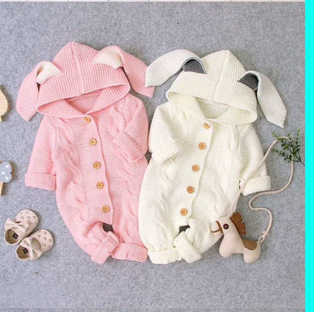 Three-dimensional Bunny Ears Hooded Knitted Romper