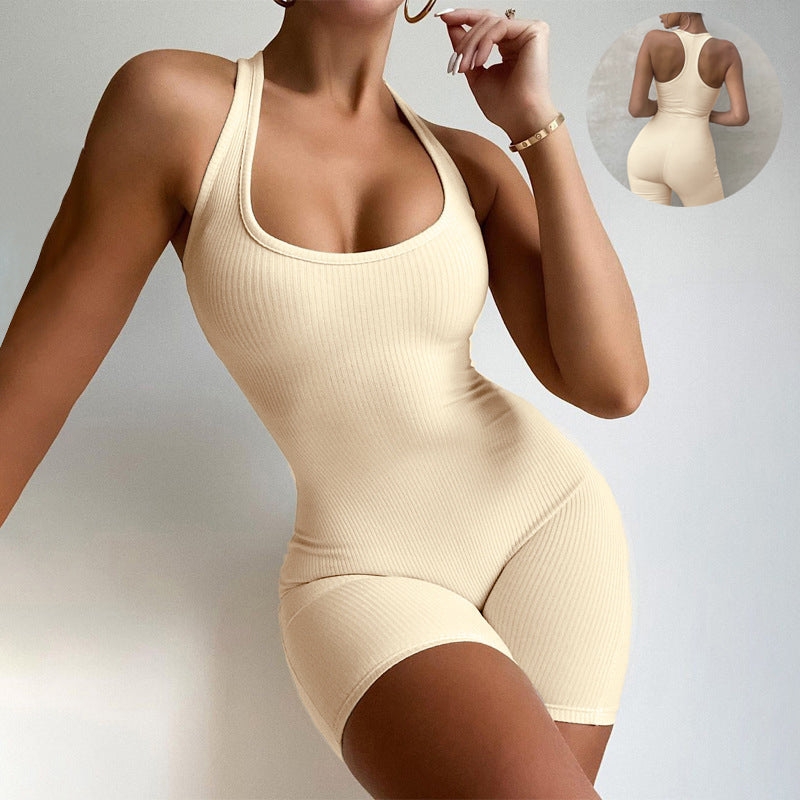 Sleeveless Backless Jumpsuit Colid Color Fitness Sports Yoga Leggings Shorts Bodysuits Women Slim Yoga One Piece Rompers 