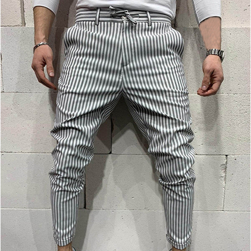 Lace-up solid color striped trousers