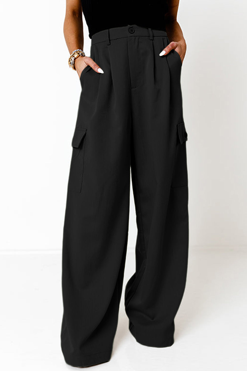 Ruched Wide Leg Pants with Pockets - Babbazon New Products