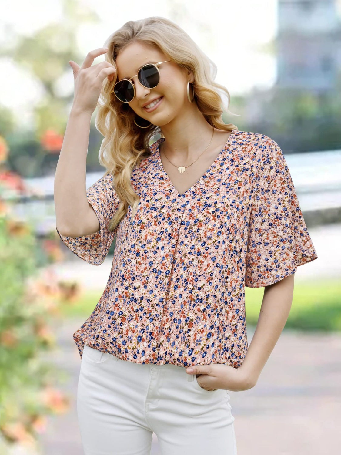 Printed V-Neck Slit Half Sleeve Blouse 