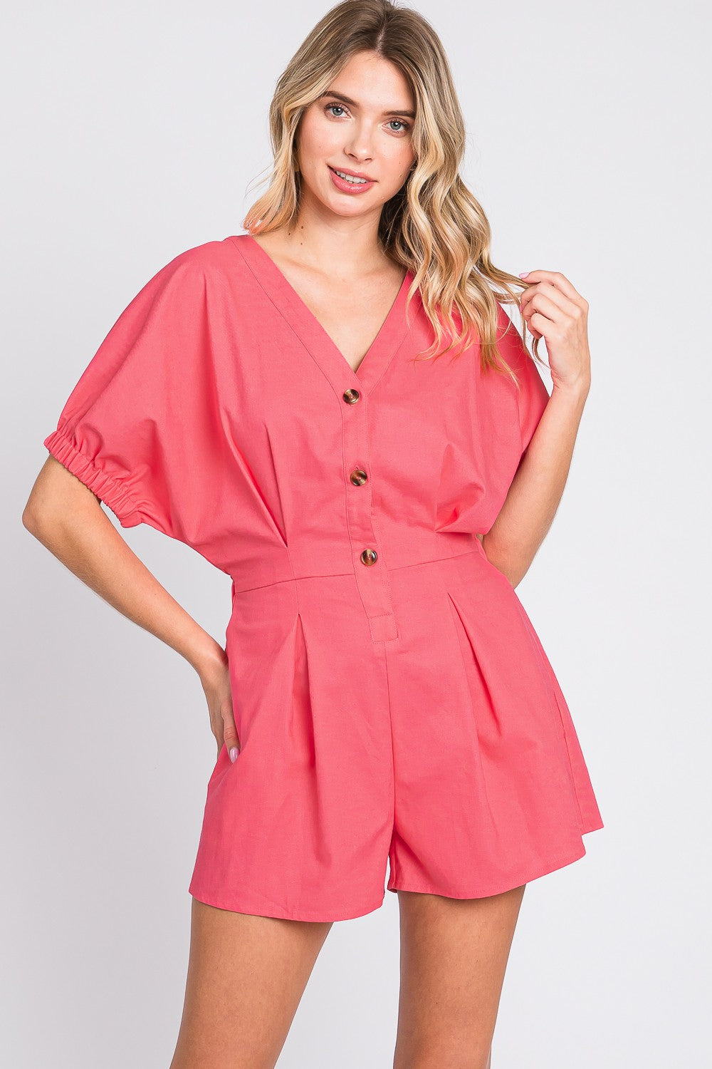 GeeGee Half Button V-Neck Linen Romper - Babbazon New Products