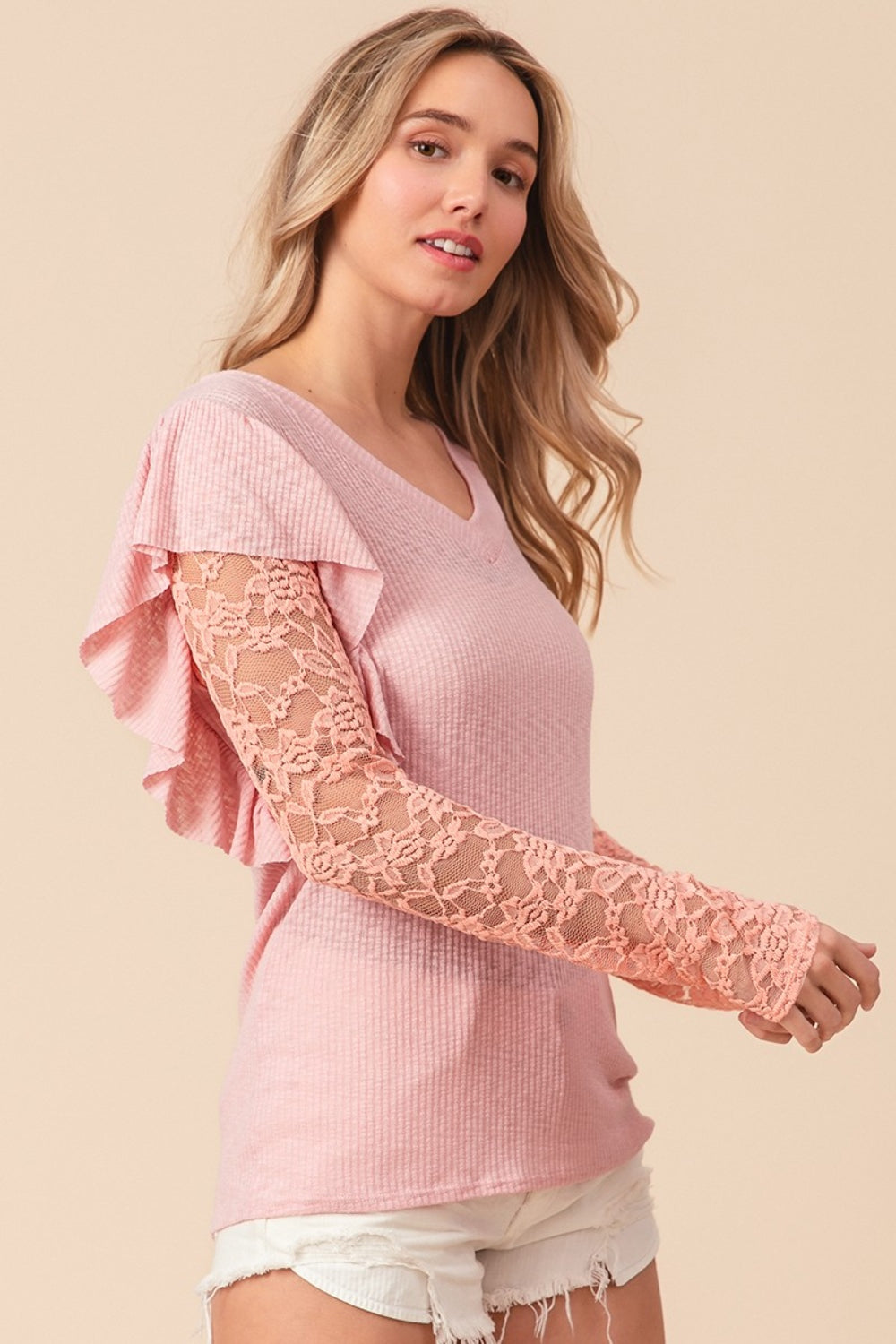 BiBi Ruffled Lace Sleeve Rib Knit Top 