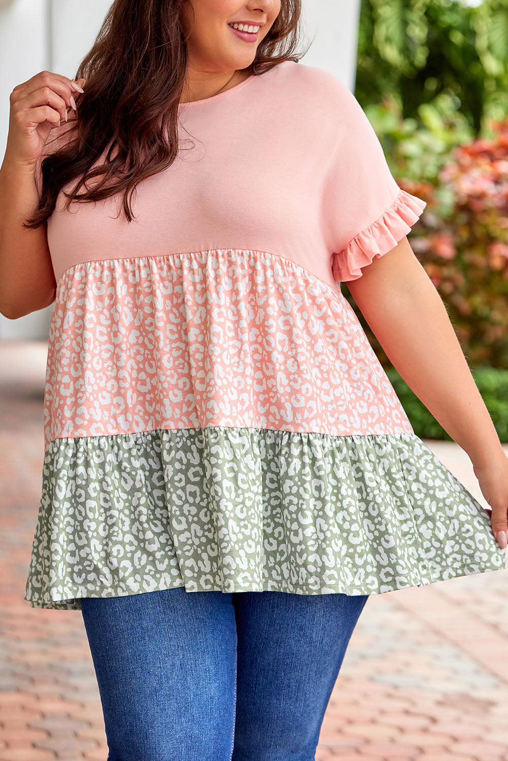 Pink Ruffled Short Sleeve Leopard Splicing Flowy Plus Size Top - Babbazon Plus Size Tops