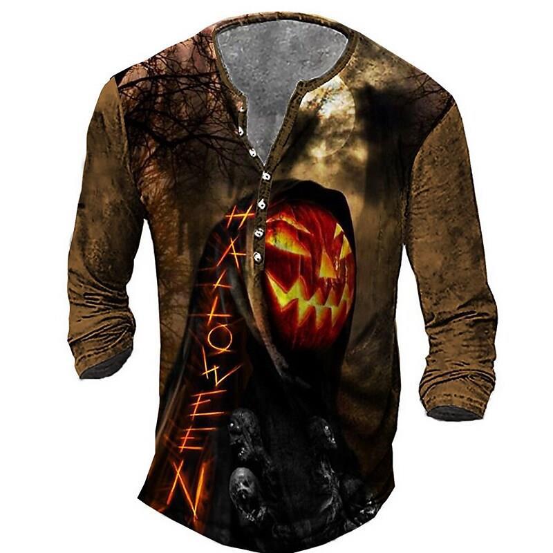 European And American Vintage Print Seven Button Open Placket Skull Long Sleeve T-shirt