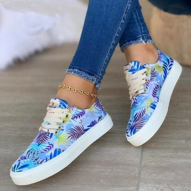 Canvas Shoes For Women Lace-Up Flats Leaves Print Casual Sneakers Round Toe Shoes 