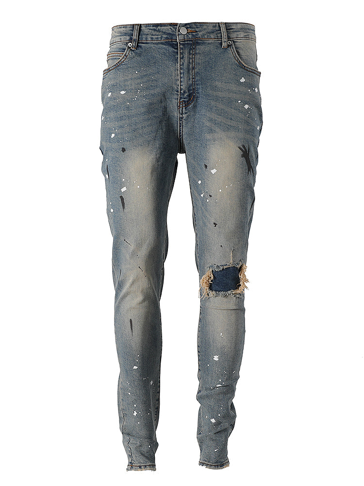 Slim-fit Slim-fit Jeans With Splashed Ink And Ripped Patches