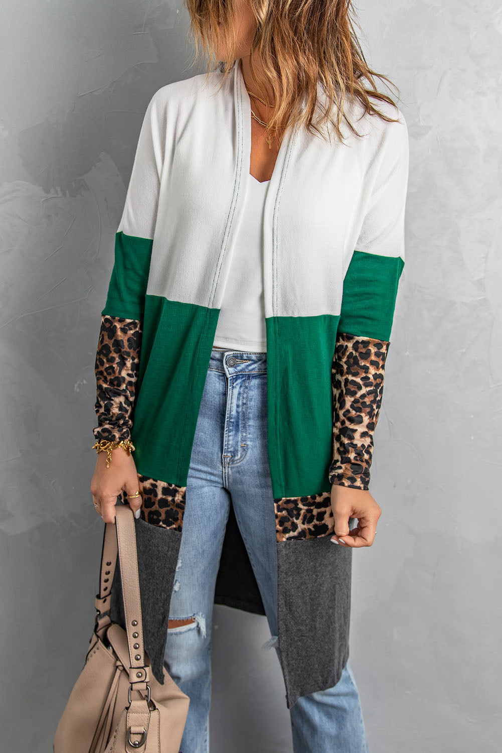 Colorblock Leopard Print Patchwork Knit Cardigan - Babbazon Cardigans