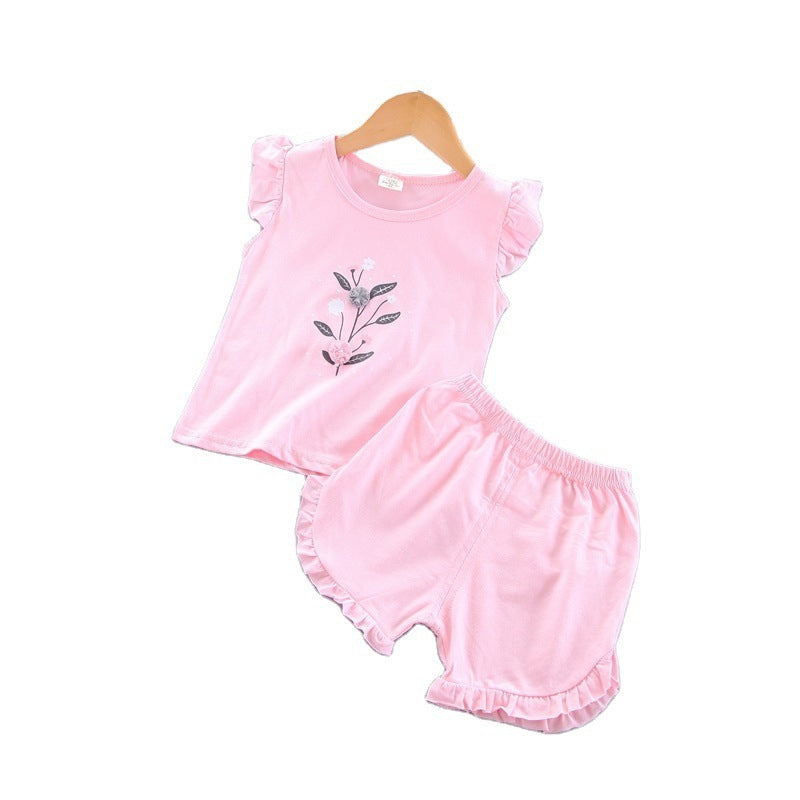 Girls Sleeveless Lace Vest Children's Casual Shorts Summer New Fashion Solid Color Short-sleeved Children's Clothing Suit