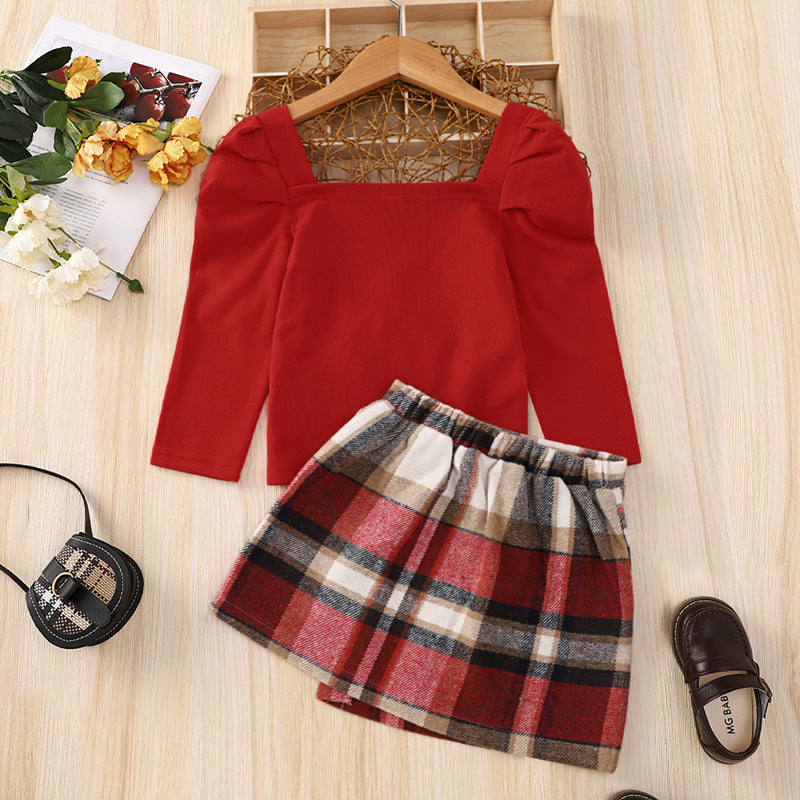 Long Sleeve Plaid Print Children's Skirt Set