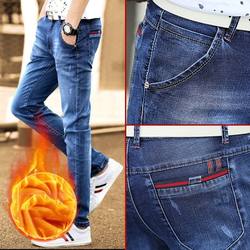 Autumn And Winter Men's Jeans Casual Fleece-lined Thickened Elastic Youth Slim Fit  Feet Pants