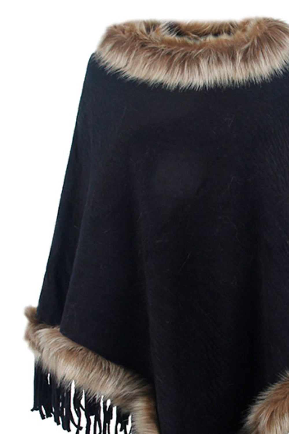 Faux Fur Trim Fringed Poncho 