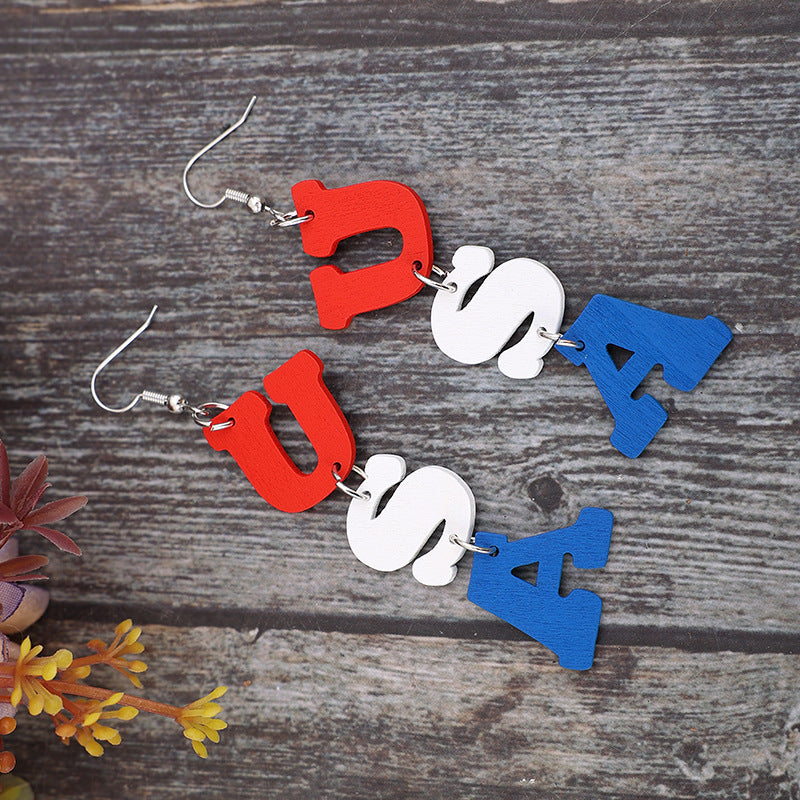 USA Wooden Letter Dangle Earrings 