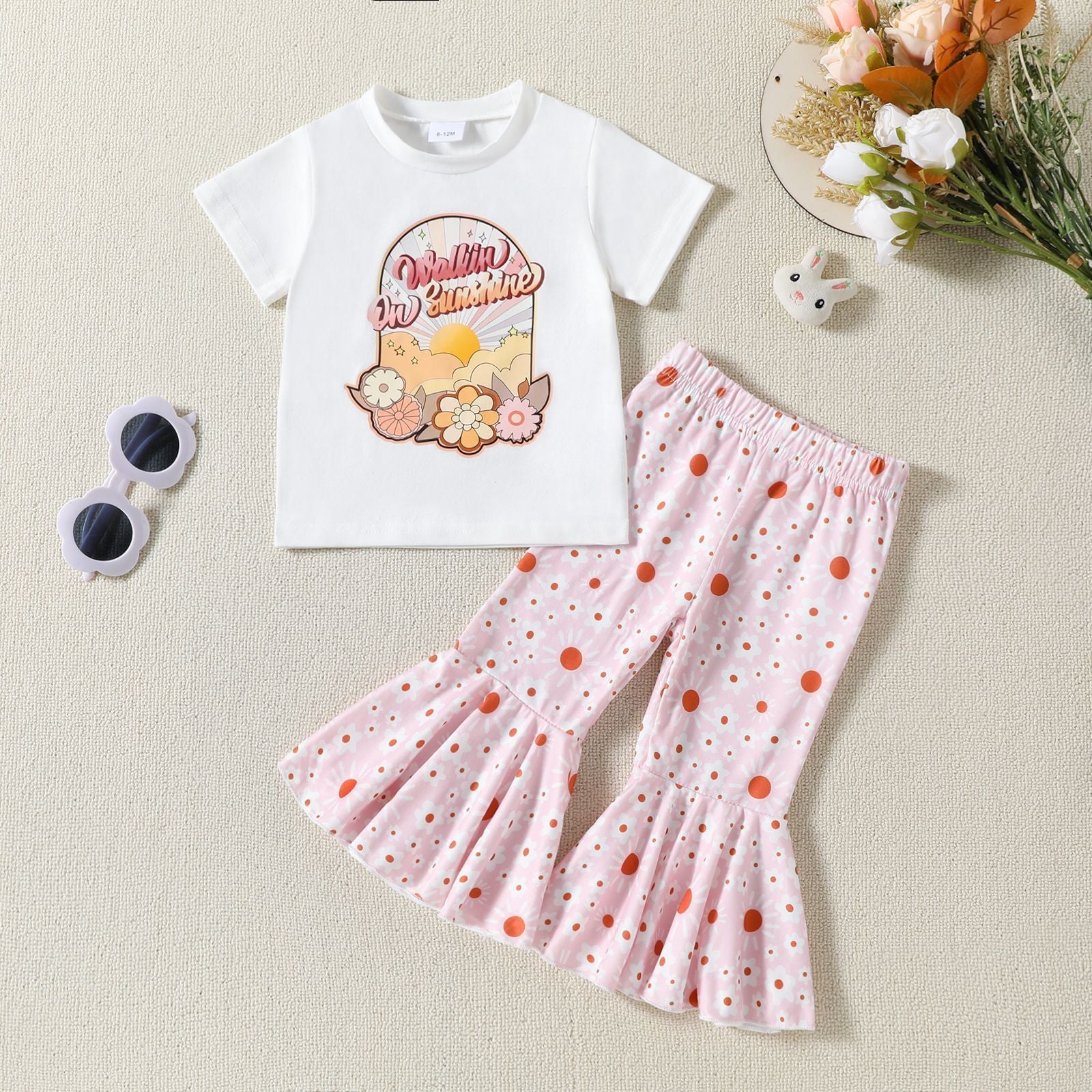 New Children's Flower Print Short Sleeve Bell-bottom Pants Summer Suit