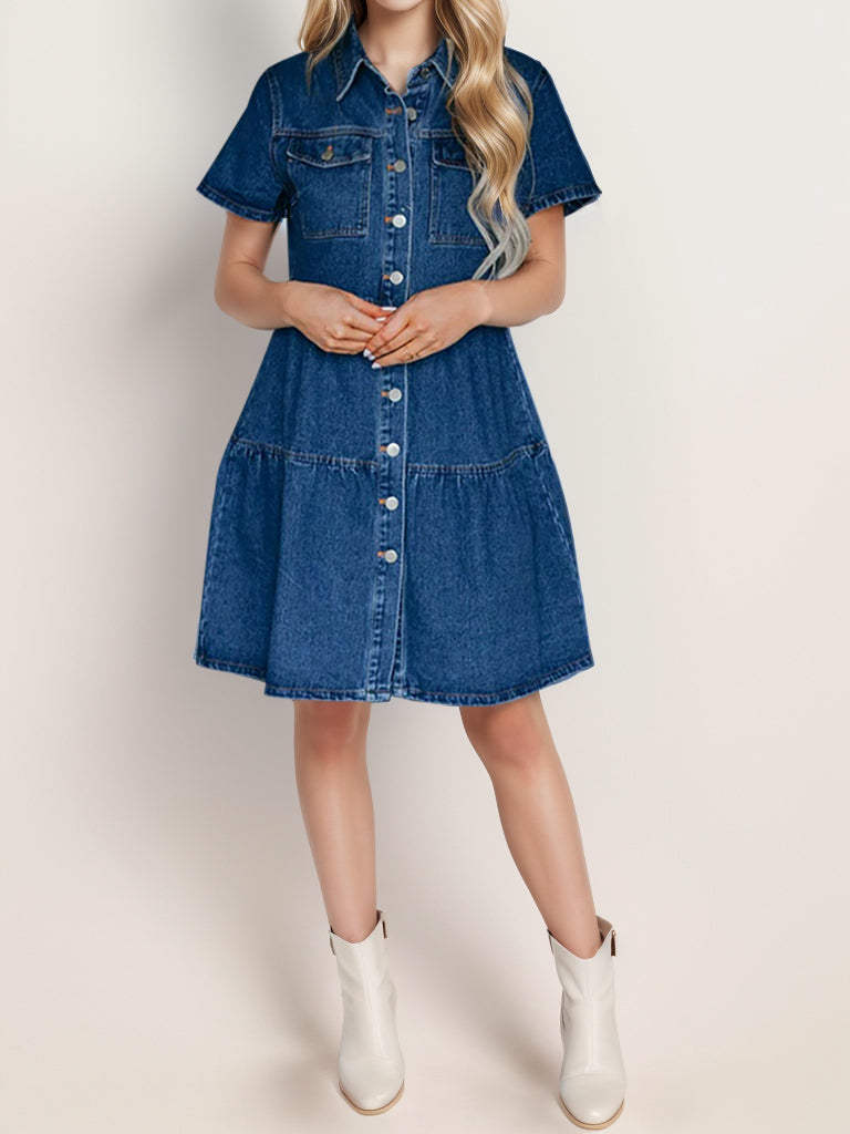 Button Up Short Sleeve Denim Dress 