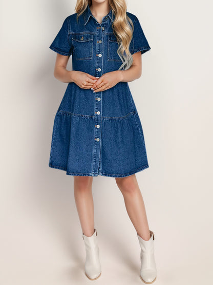 Button Up Short Sleeve Denim Dress 