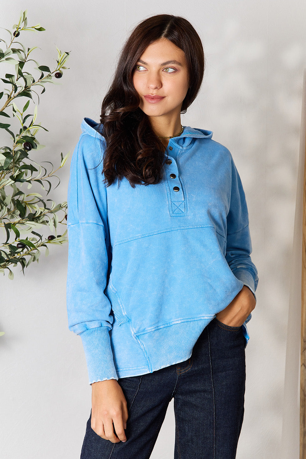 Zenana Half Snap Long Sleeve Hoodie with Pockets 