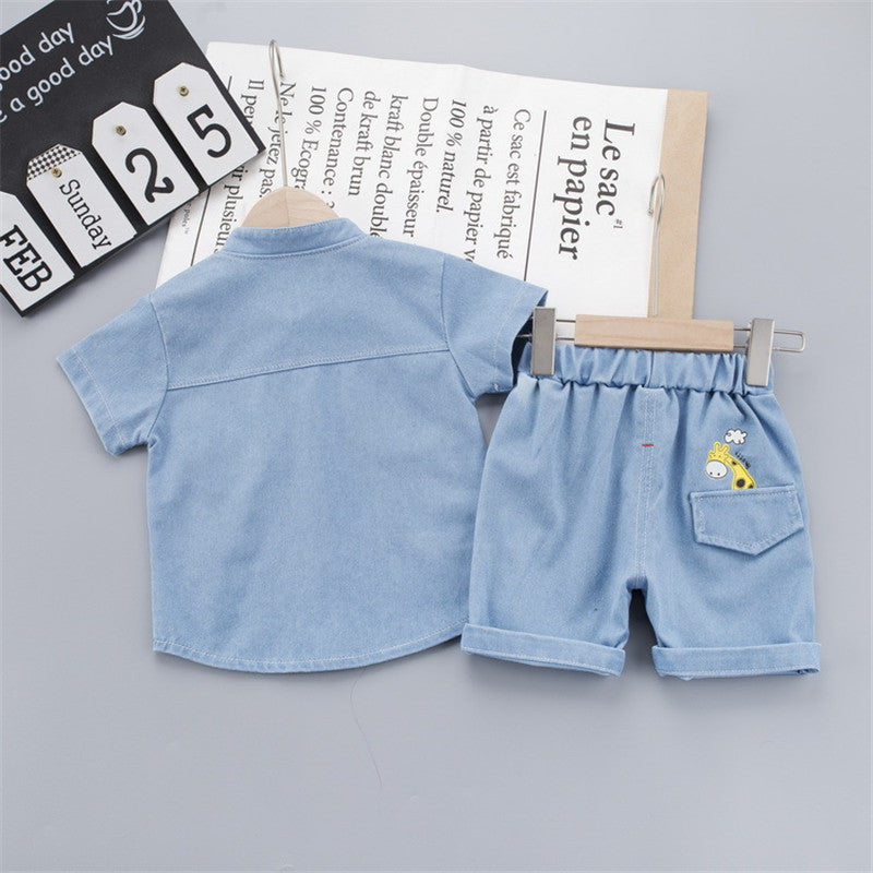 Two-piece denim short sleeve shorts