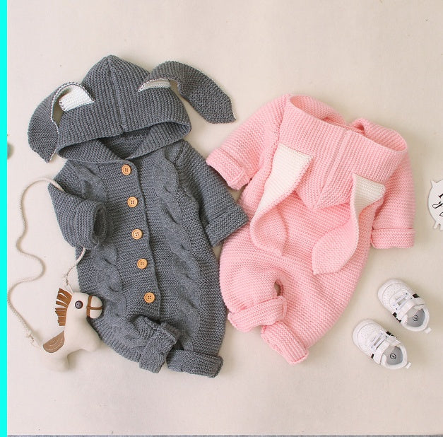 Three-dimensional Bunny Ears Hooded Knitted Romper