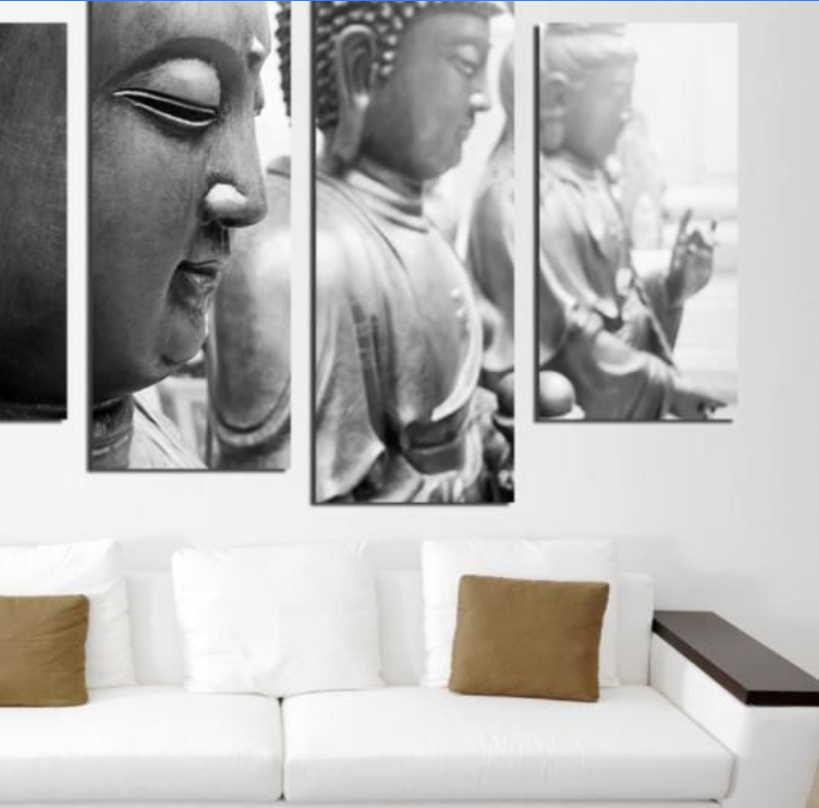 Four side-by-side Buddha paintings