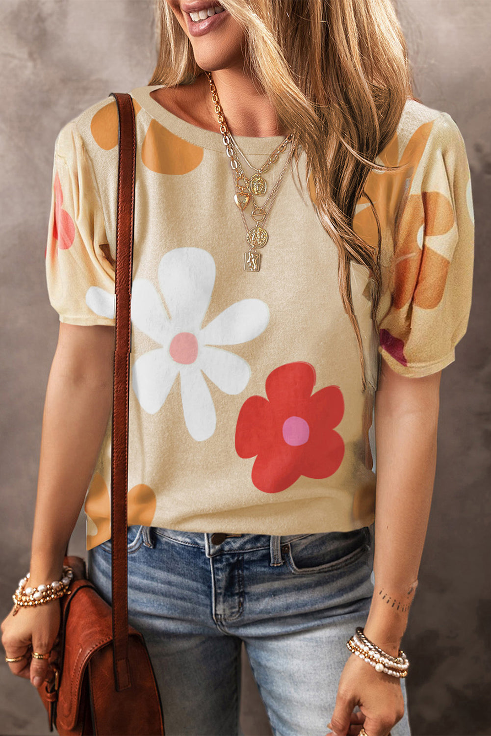 Flower Round Neck Short Sleeve Blouse - Babbazon New Products