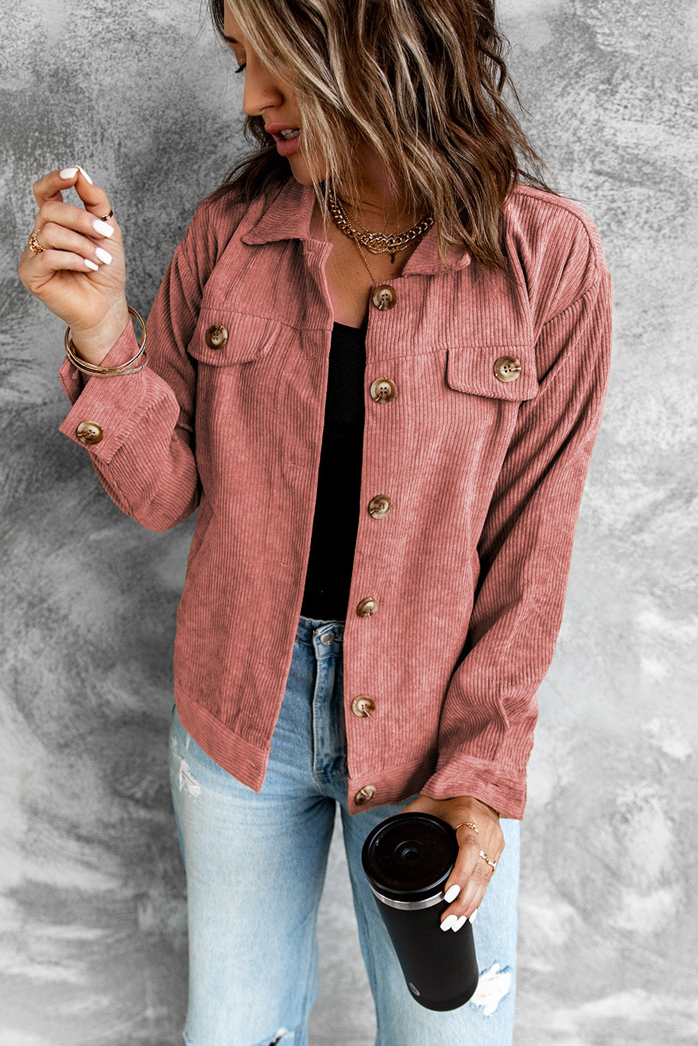 Corduroy Long Sleeve Jacket - Babbazon Jacket