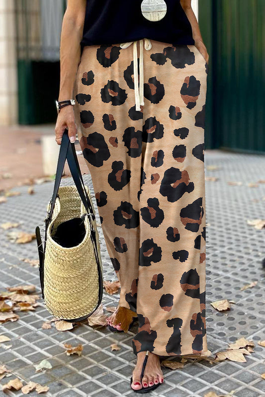 Leopard Casual Drawstring Wide Leg Pants - Babbazon Pants