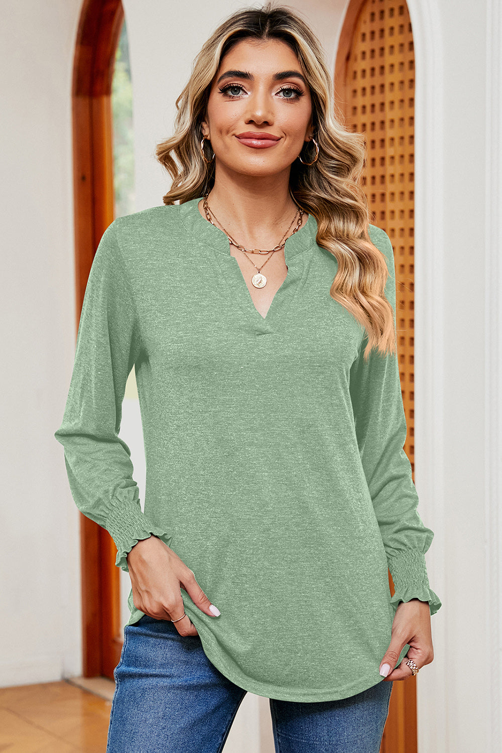 Smocked Notched Long Sleeve T-Shirt