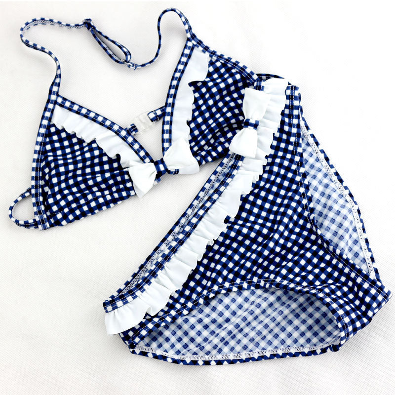 Girls Tight High Stretch Plaid Pattern Bikini Swimsuit