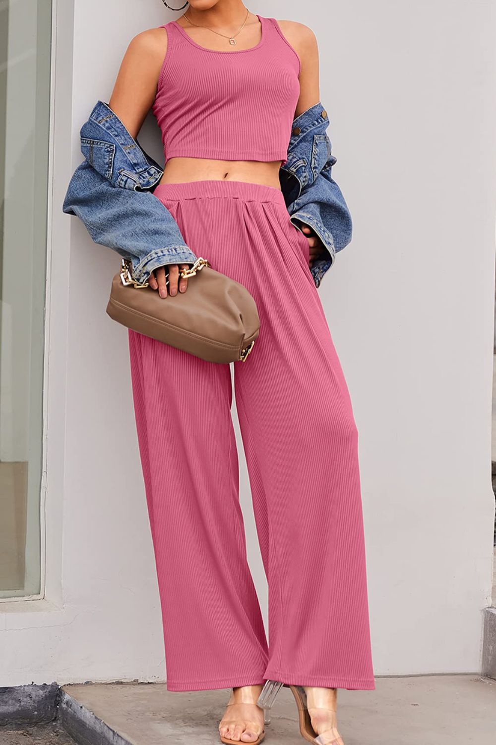 Scoop Neck Top and Wide Leg Pants Set - Babbazon new