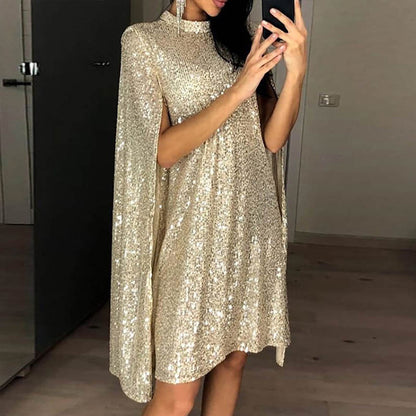 Small Stand Collar Sequin Solid Color Loose Dress