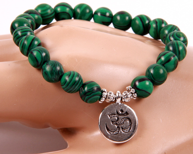 Amazon Hot Explosion Natural Malachite Beaded Bracelet Lotus Buddha Head OHM Yoga Pendant Bracelet