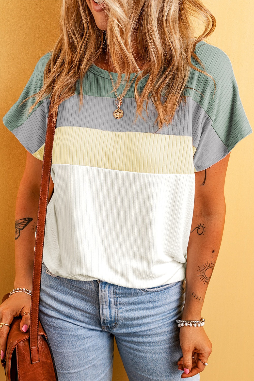 Color Block Round Neck Short Sleeve T-Shirt - Babbazon New Products