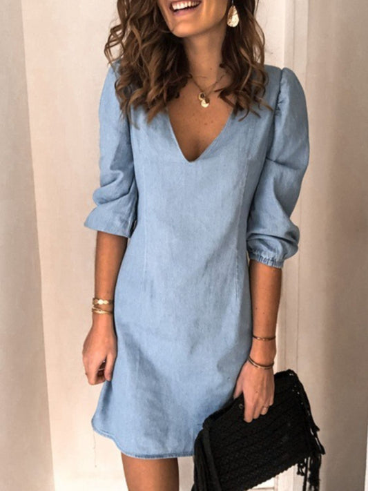 Full Size V-Neck Half Sleeve Denim Dress - Babbazon New Products