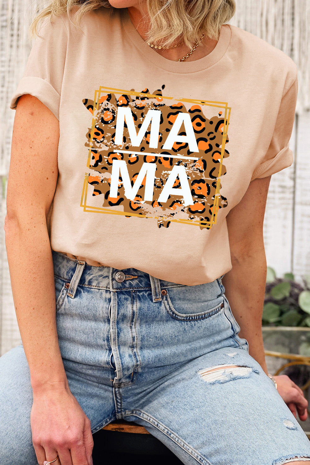 Khaki Leopard MAMA Graphic Roll Up Sleeve T Shirt - Babbazon Graphic Tees