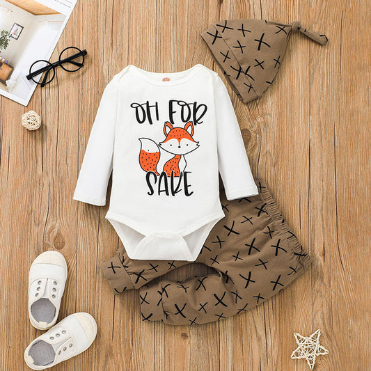 European And American Baby Printed Romper Pants Three-piece Suit