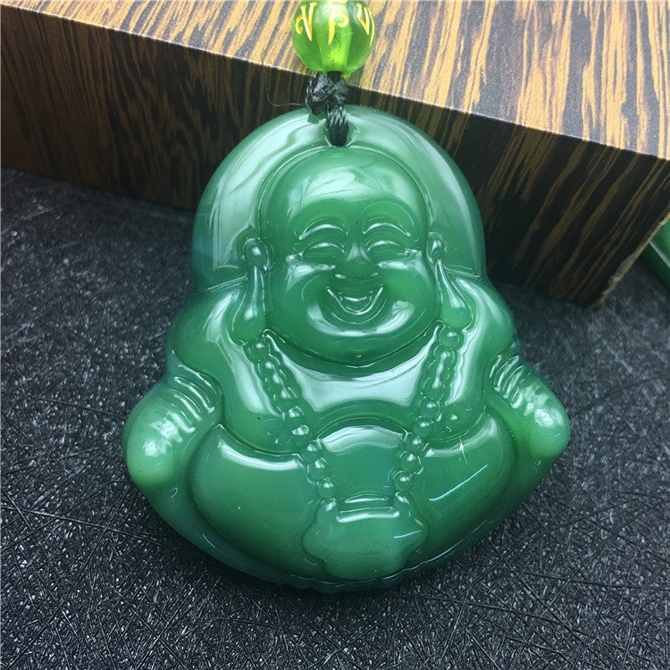 New Retro Jade-like Guanyin Buddha Pendant Emerald Dragon Sweater Chain Necklace