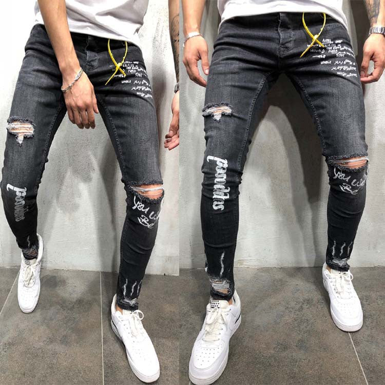 Broken hole printed English letter pants