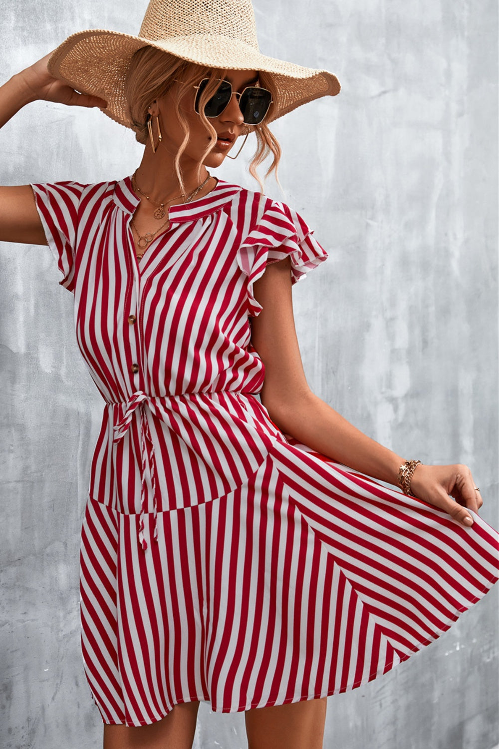 Ruffled Striped Cap Sleeve Mini Dress 