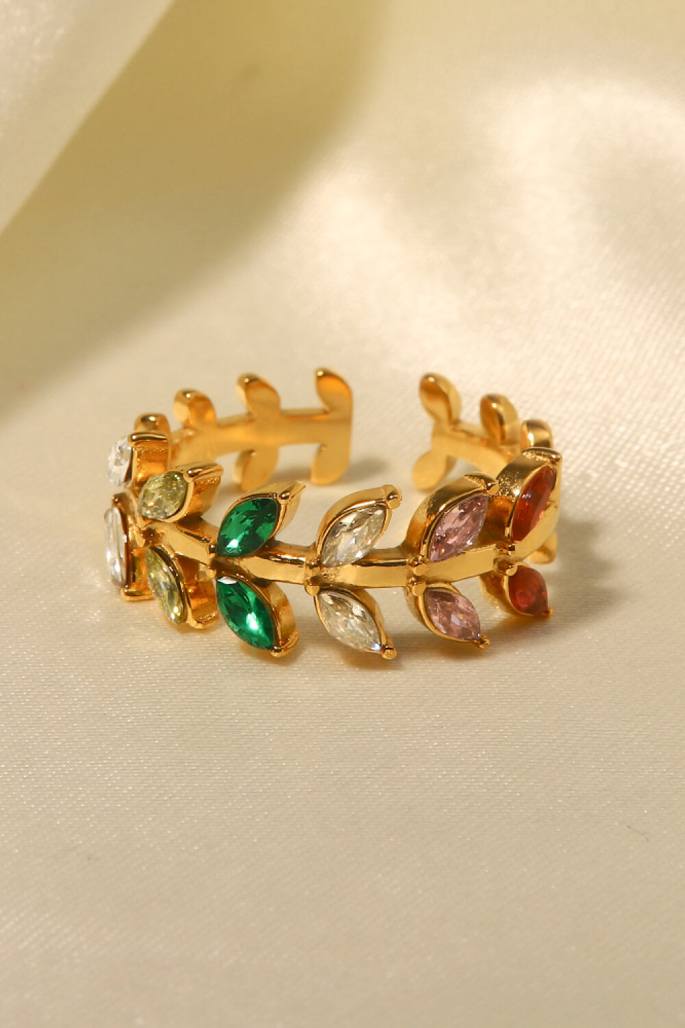 Zircon 18K Gold-Plated Leaf Open Ring 