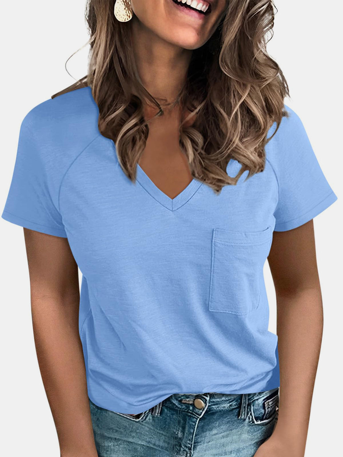 Pocketed V-Neck Short Sleeve T-Shirt - Babbazon New Products