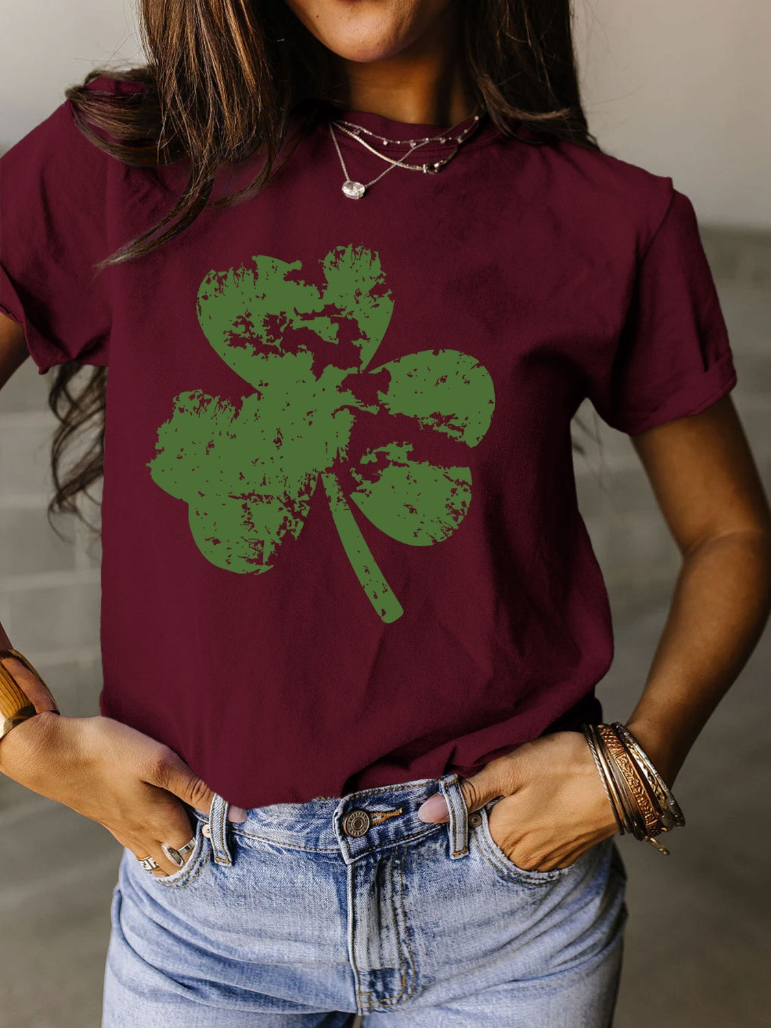 Full Size Lucky Clover Round Neck Short Sleeve T-Shirt - Babbazon New Products